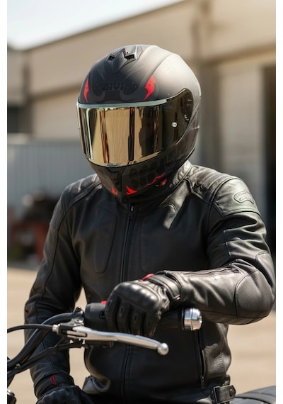 Gıvı 50.x Bones Kırmızı  1 Renkli 1 Şeffaf Vizörlü Motosiklet Kask Gold Vizör + Şeffaf