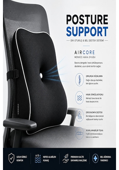 Posture Support Aircore Ergonomik Lomber Bel Destek Minderi Siyah