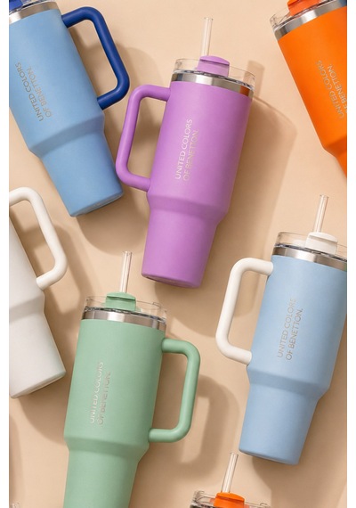 Benetton Paslanmaz Çelik Termos Be-kct100-mb Mavi Pipetli / Kulplu Spor Ve Araç İçi Termos 900 Ml Krem
