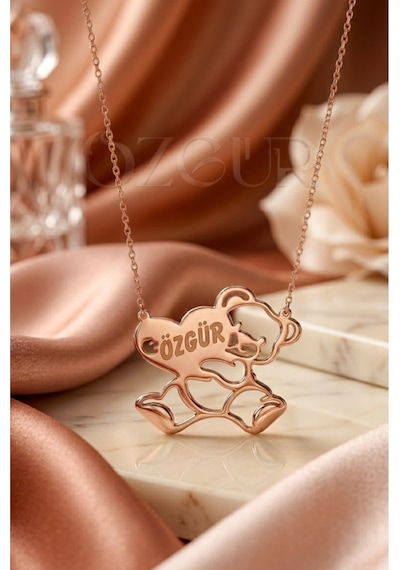 925 Ayar Gümüş İsimli, Kalpli Ayıcık Kolye Rose Gold