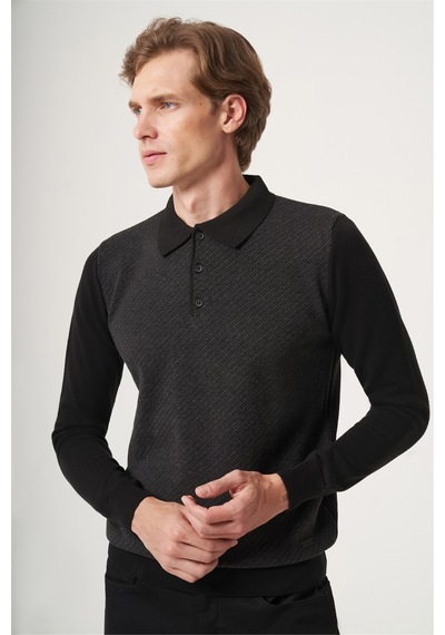 İmza Siyah-füme Polo Yaka Uzun Kol Örme Comfort Fit Pamuklu Kazak 1012265153 Siyah - Füme
