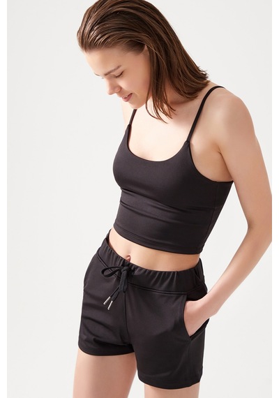 Los Ojos Kadın Siyah Cepli Beli Lastikli Basic Fit Spor Şort Shorts Siyah