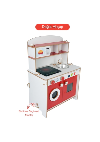Rozitoys Ahşap Montessori Minimal Led Ocak Tasarımlı Çocuklar İçin Eğitici Mutfak 5977