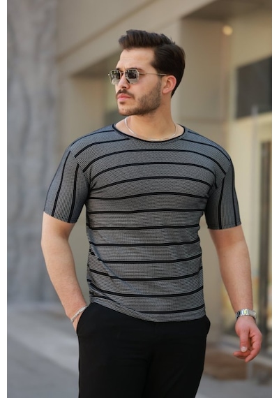Butik İstanbul Erkek Petek Desenli Kısa Kollu T-shirt Siyah