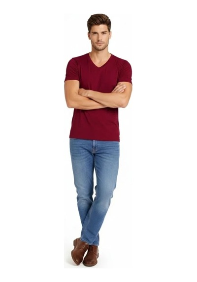 Butik İstanbul Erkek T-shirt V Yaka Slim Fit Dar Kesim Likralı Tişört Günlük Basic Body - Bordo