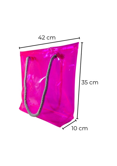Rm Promosyon Taban Körüklü Şeffaf Plaj Çantası - Beyaz Halat Askılı Havuz Ve Deniz Çantası Neon Pembe Neon Pembe