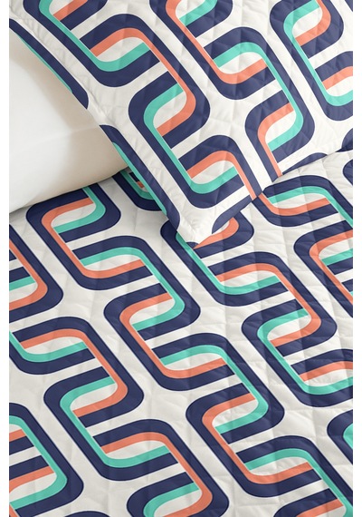 Lacivert Geometrik Genç Odası Tek Kişilik Pike Takımı - Mint Somon Retro 160x220 Cm Yatak Örtüsü Doğal Çayır Baharı