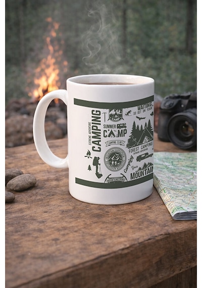 Camping Outdoor Desenli Kupa Dağ Kamp Temalı Porselen Kahve Kupası 330 Ml Beyaz