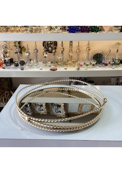 Gold Dekoratif Tasarım Burgulu Aynalı Sunumluk Tepsi Gümüş