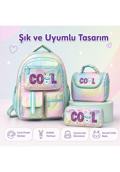 Yeni Sezon Co L Model 3 Lü İlkokul Çanta Seti Sırt Çantası + Beslenme Çantası + Kalemlik Yeşil