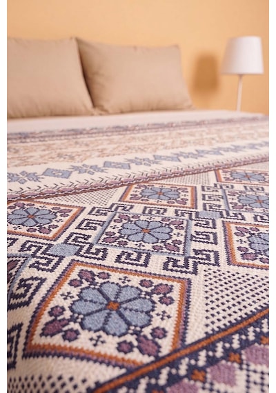 İndigo Etnik Desenli Çift Kişilik Baskılı Pike & Yatak Örtüsü 200x230 Cm