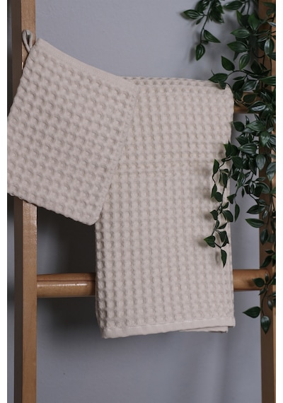%100 Pamuk Premium Pike Desenli 2 Li Set Bej: Havlu 50x100cm El, Yüz Havlusu & 16x22cm Kese Bej