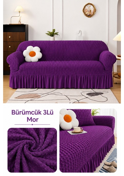 Bürümcük 3 Kişilik Koltuk Örtüsü. Etekli Koltuk Kılıfı. Çekyat Kanepe Örtüsü. 1 Adet Mor - 876024568 Mor