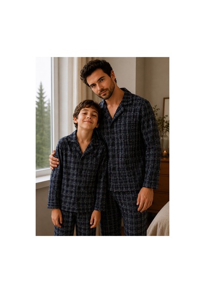 Free Beka Ekose Desenli Baba Oğul Uzun Kollu Gömlek Yaka Düğmeli Erkek Pijama Takımı Gri