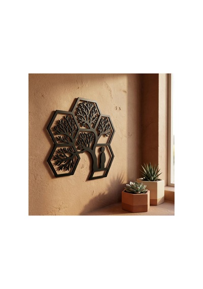 Hayat Ağacı Duvar Tablosu Mdf Lazer Kesim Altıgen Geometrik Modern Duvar Süsü Renk