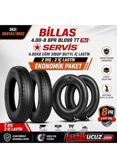 Billas 4.00-8 Tt İç Lastik Gerektirir Bl 099 8pr 8kat 76j Çapa Makinesi Lastiği+ İç Lastik 2şer Adet, Takım