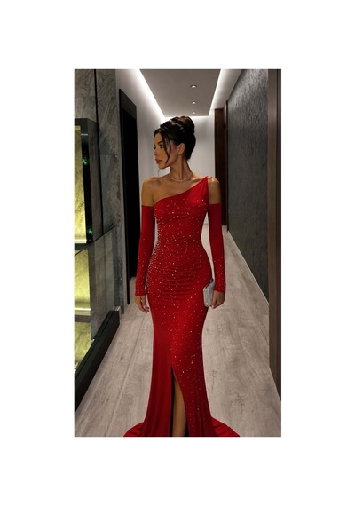 DefyModa Kadın Günlük Tek Omuz Taş Detaylı Abiye Elbise Kırmızı