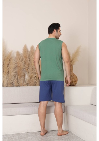 Seboteks %100 Pamuklu Kolsuz Cepli Erkek Şortlu Pijama Takımı 2011 Yeşil
