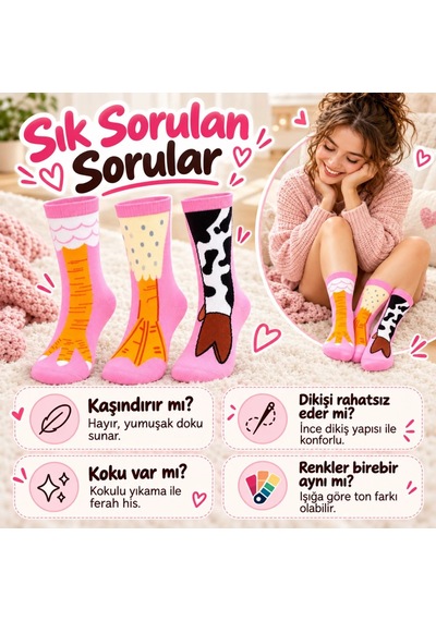 Genel Kadın 6'lı Pembe Hayvan Desenli Soket Çorap Seti İnek Figürlü Seviml Çok Renkli / 36-40 / 6 Adet Çok  Renkli