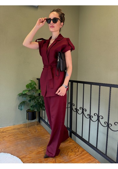 Ali Butik Bordo Kuşaklı Keten Yelekli Takım