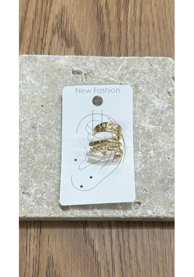 Üç Sıra Taşlı Gold Kıkırdak Küpe Çok Renkli