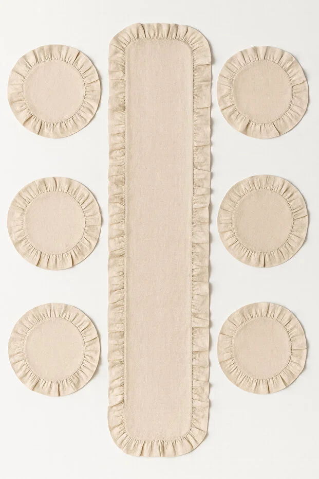 Yunusoğlu Home Fırfırlı Runner Ve Supla Takımı - Masa Örtüsü Takımı 7 Parça 150x50 Cm Bej