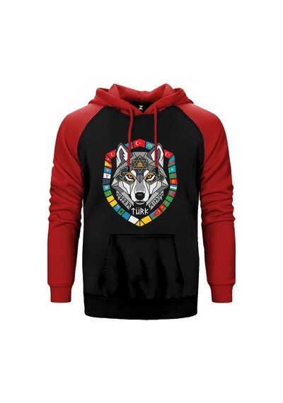 Kırmızı Renk Bayrak Çerçeveli Gri Kurt Başı Baskılı Çift Renk Reglan Kol Sweatshirt / Hoodie