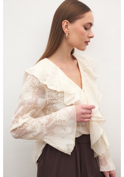 Sateen Fırfır Detaylı Nakışlı Gömlek - Bej-137182 bej