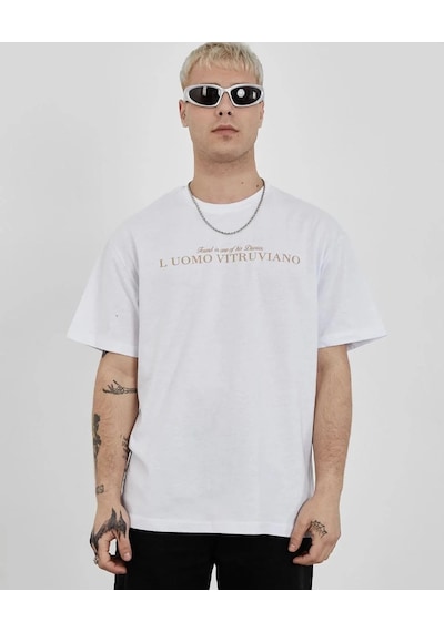 Erkek Bisiklet Yaka Tişort Baskılı Oversize Kısa Kol T-shirt - Beyaz Beyaz