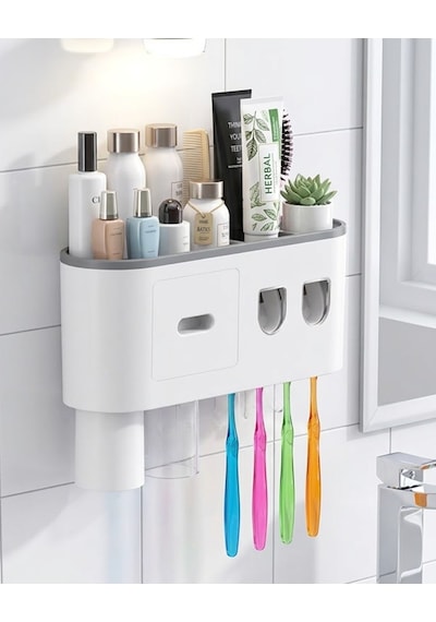 Banyo Organizer Diş Fırçası Tutucu Çift Dispenserli Raflı Çekmeceli Renkli