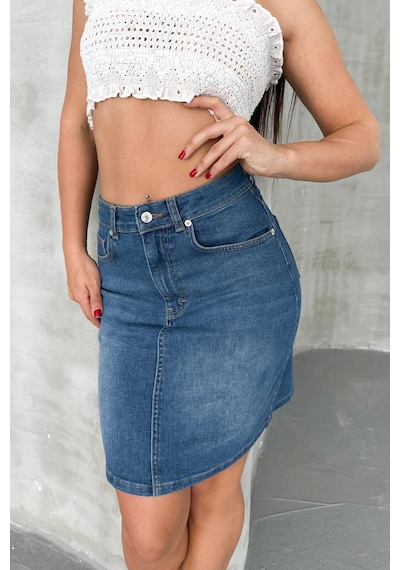 HLT Jeans Açık Mavi Kadın Regular Fit Yüksek Bel Orta Boy Denim Kot Etek Alice-4003 Açık Mavi