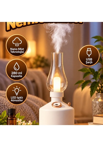 Gaz Lambası Tasarımlı Nano Mist Aromaterapi Nemlendirici 280 Ml, Usb Şarjlı, Led Işıklı
