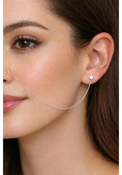 Gümüş Zincirli Burun Piercingi Küpe Çok Renkli