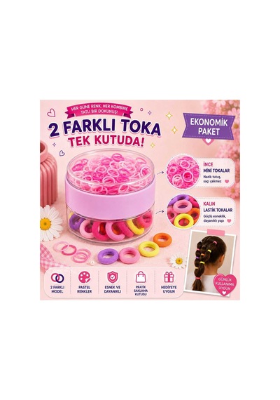 2'si 1 Arada Renkli Kutulu Kız Çocuk Bebek Saç Tokası Seti Pembe Pembe