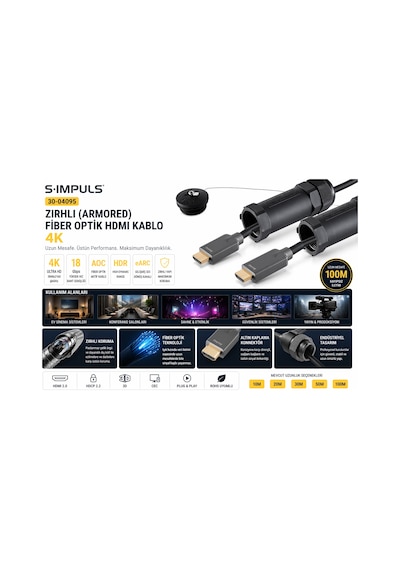 S-ımpuls Zırhlı Fiber Optik Hdmı Kablo 4k 18gbps, 4k 60hz, Aoc Aktif Optik, Uzun Mesafe, Hdr, Earc - 30