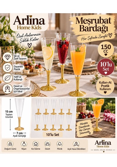 Gold Taban Detaylı 150 Cc Plastik Meşrubat Bardağı 10 Lu Set Beyaz
