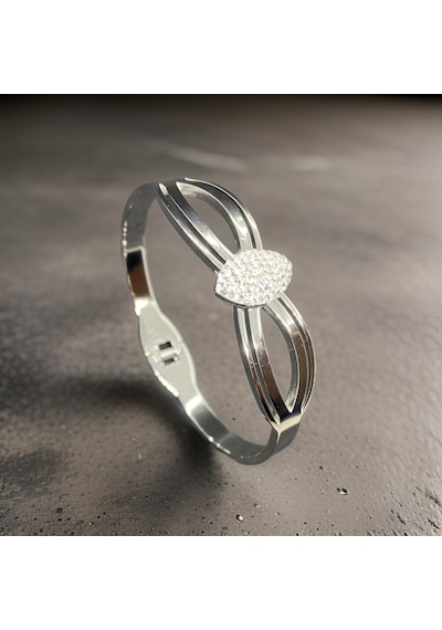 Gümüş Renk Minimal Tasarım Ve Zirkon Taşlar 316l Süslenmiş Oval Motif Kadın Çelik Bileklik - 1216 Gümüş