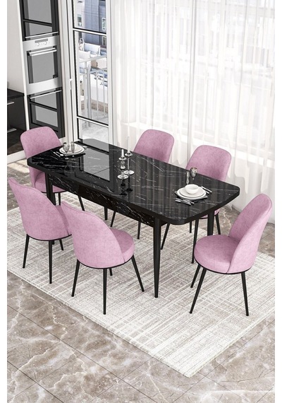 Canisa Kor Serisi, Siyah Mermer Desen 70x114 Açılabilir Yemek Masası Takımı, 6 Sandalye Masa Siyah Mermer Desen Sandalye Pembe Canisa Kor Serisi, Siyah Mermer Desen 70x114 Açılabilir Yemek Masası Takımı, 6 Sandalye Masa Siyah Mermer Desen Sandalye Pembe