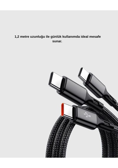 3 Ü 1 Arada Hızlı Şarj Kablosu İos Android Type-c Uyumlu Ve Dayanıklı .