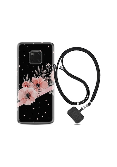 Huawei Mate 20 Pro Kılıf Desenli Silikon Boyun Askılı Siyah Şerit Mermer 1298