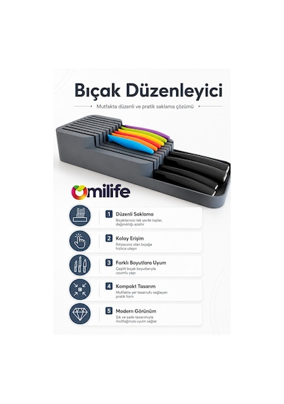 2 Sıra Bıçaklık Çekmece İçi Güvenli Bıçak Düzenleyici, Kaydırmaz Şık Ve Pratik Mutfak Çözümü Diğer