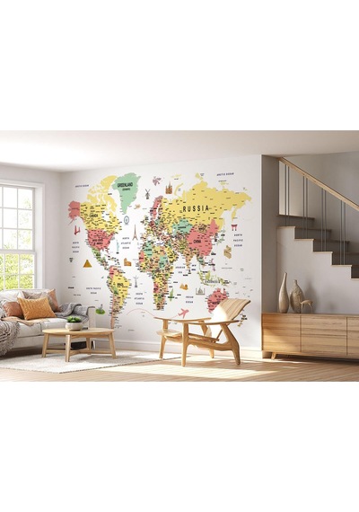 Dünya Haritası Renkli Duvar Kağıdı Detaylı İngilizce Dünya Haritası -3209
