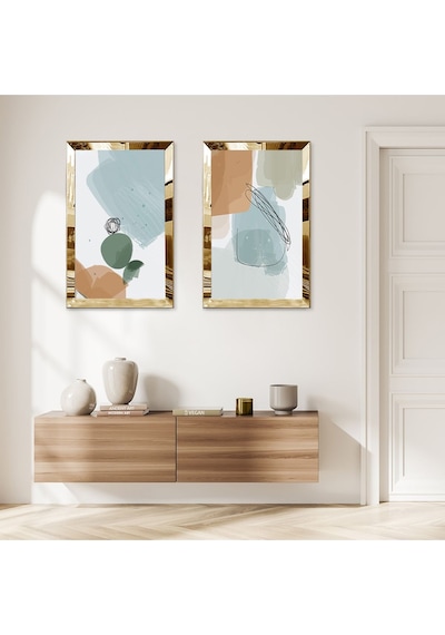 Gold Aynalı Pleksi Çerçeveli Renkli Modern Soyut Şekiller İkili Mdf Tablo Seti
