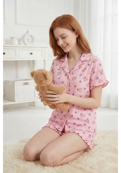 Cottonhill Pudra Ayıcık Desenli Bürümcük Gömlek Yaka Kadın Şortlu Pijama Takımı