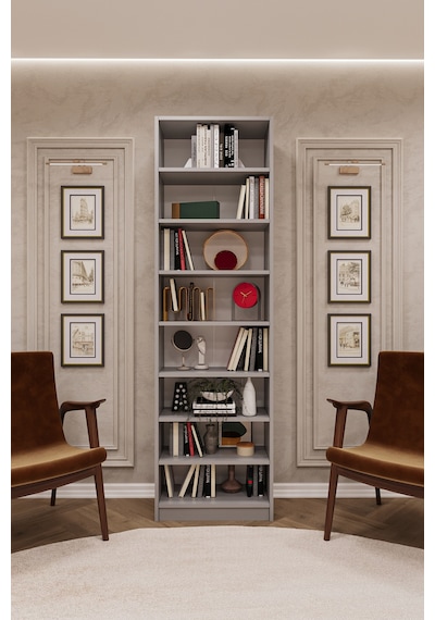 Asra Trend K-03 %100 MDF 60 cm 7 Raflı Kitaplık Ofis Dosya Rafı Kütüphane Kül Gri