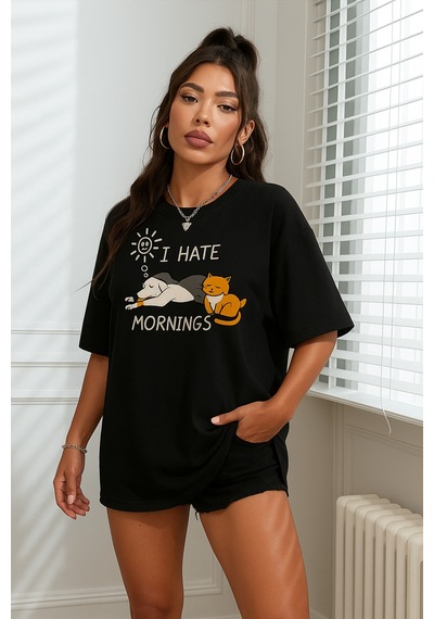 Kedi Baskılı Unisex Tişört SIYAH