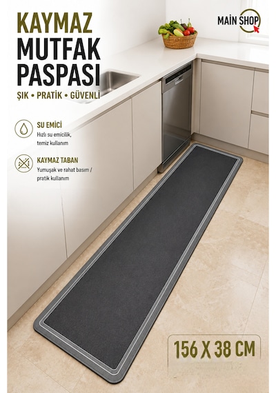 Mainshop Mutfak Tezgahı Önü Banyo Paspası Kaymaz Tabanlı Su Emici Paspas Yazısız Gri Model 158x38cm M-9 Çok Renkli