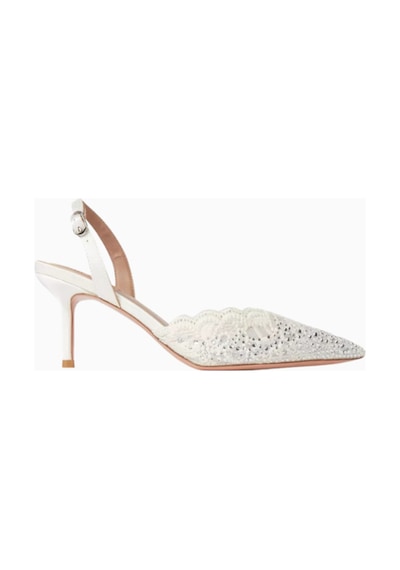 Nicoli Rimini 70 Dantelli Slingback Topuklu, Kristal Taşlı, Sivri Burun, Lüks El Işçiliği Tasarım Beyaz