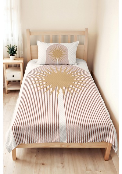 Güneş Bohem Bej Genç Odası Tek Kişilik Pike Takımı - Minimal 160x220 Cm Kapitone Yatak Örtüsü Naif Çayır Sıcaklığı