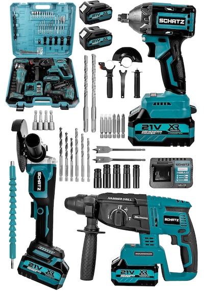 Schatz 21v Kömürsüz Çift Akülü Şarjlı 3'lü Set Spiral Taşlama + Kırıcı Delici Hilti + Somun Sıkma Sökme Makinesi Mavi